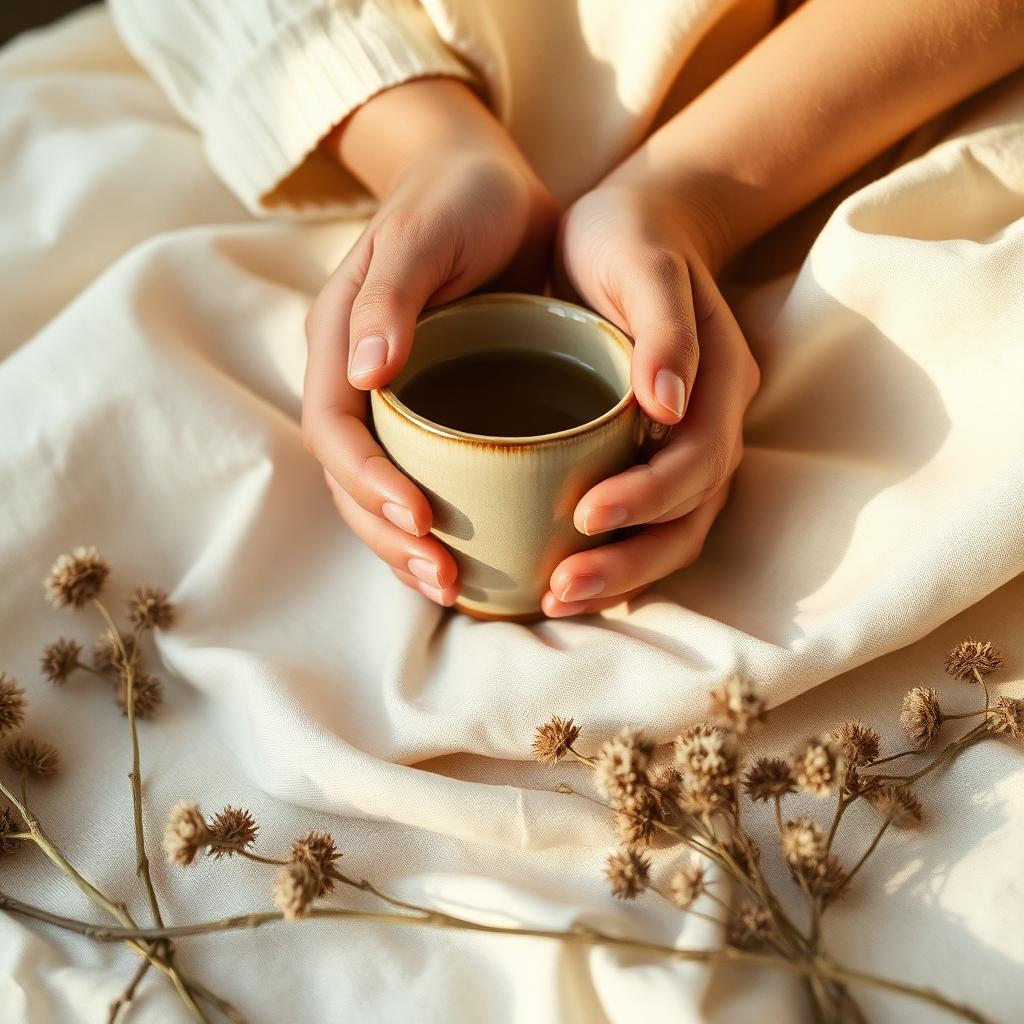 Mains apaisées tenant une tasse chaude, atmosphère douce du cabinet