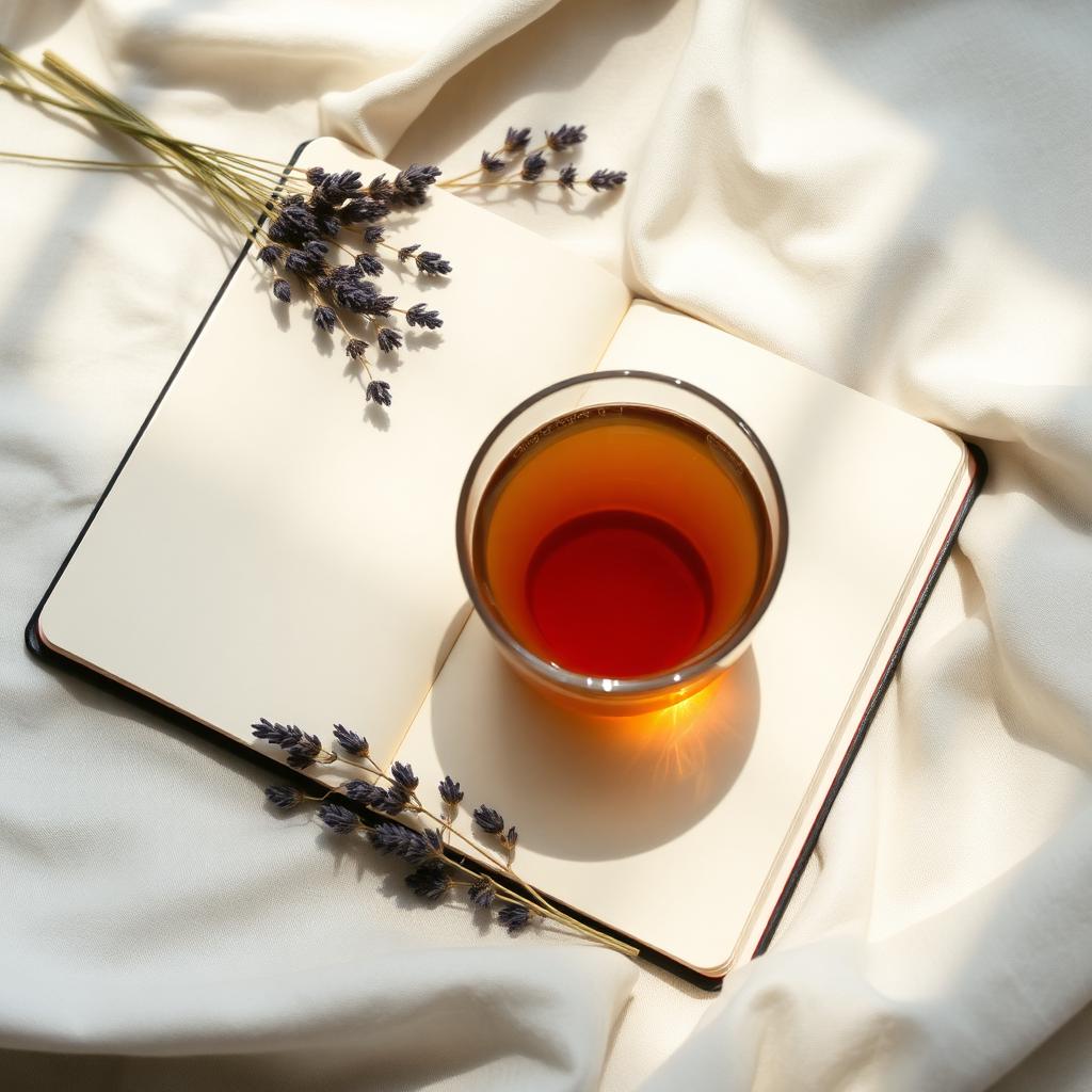 Carnet ouvert et thé chaud, ambiance douce et contemplative