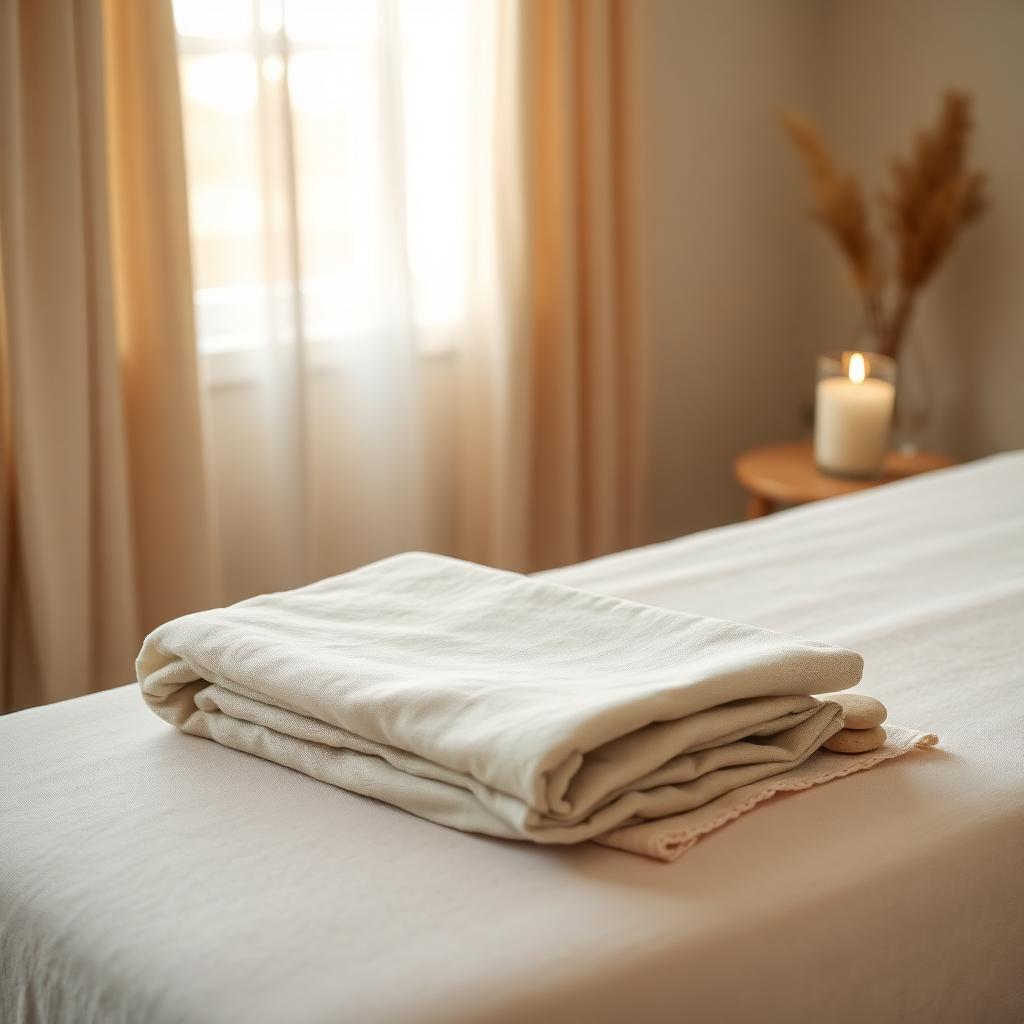 Table de soin apprêtée, linge plié et bougie, lumière du matin