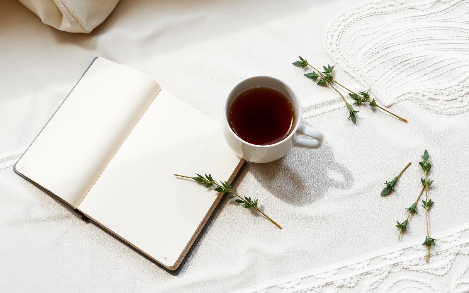 Carnet et tasse de tisane — prendre le temps de poser ses questions